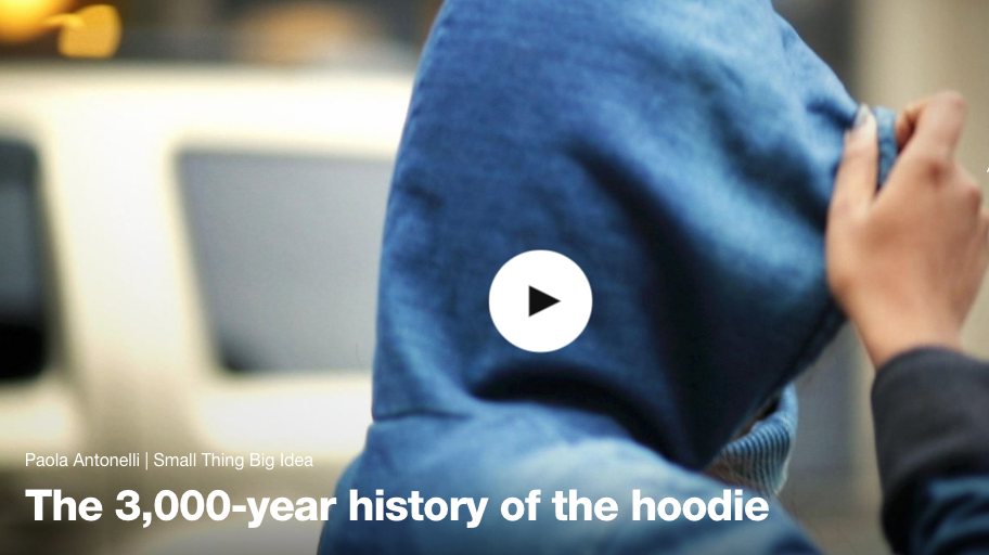 Video thumbnail of person wearing a blue hoodie with the words "The 3000 year history of the hoodie"