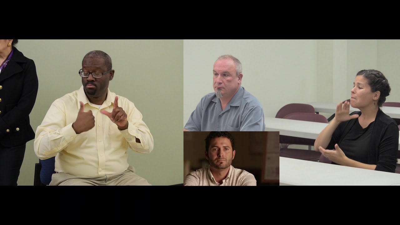 Split screen with three screens. on left side is an African-American man with glasses and a yellow shirt. On right side is a Latino man with light skin and grey hair and a blue shirt and a woman with short black hair and black shirt. Inset is a man with dark hair and a light shirt.