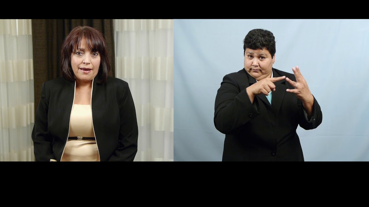 Video in split screen. On the left is a Latina woman with long brown hair wearing a gold shirt and black coat. On the right ins a Latina woman with short black hair wearing a dark blue sportcoat.