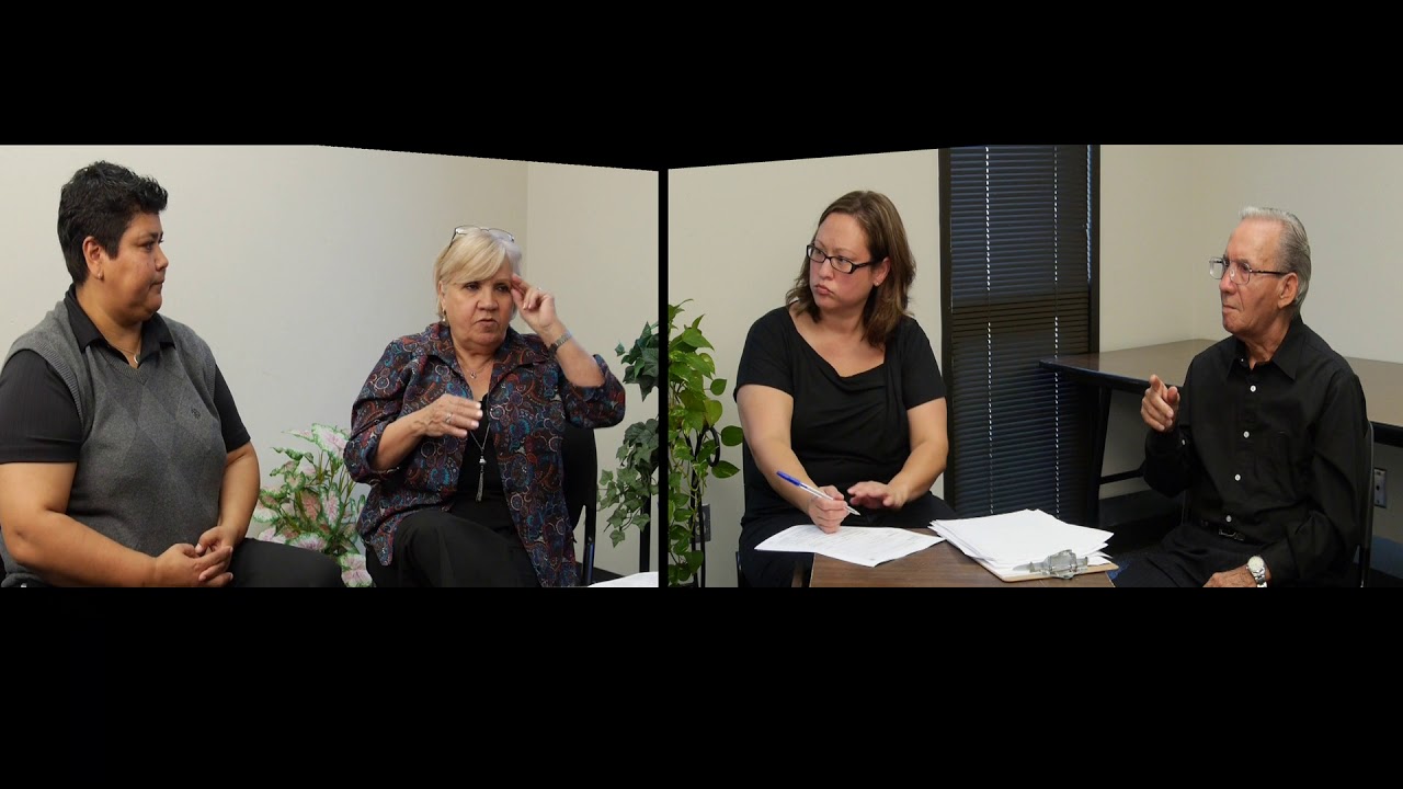 Two video screens show four people sitting in interpreted discussion