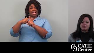 Split screen with left screen with African-American woman wearing light blue long-sleeve shirt; Right screen has native Woman with black hair wearing black shirt and grey sweater; Catie center logo in lower right.