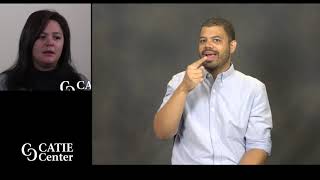 Split screen with right screen with black man with short black hair and beard and light blue button down shirt; Left screen has native Woman with black hair wearing black shirt and grey sweater; Catie center logo in lower left.
