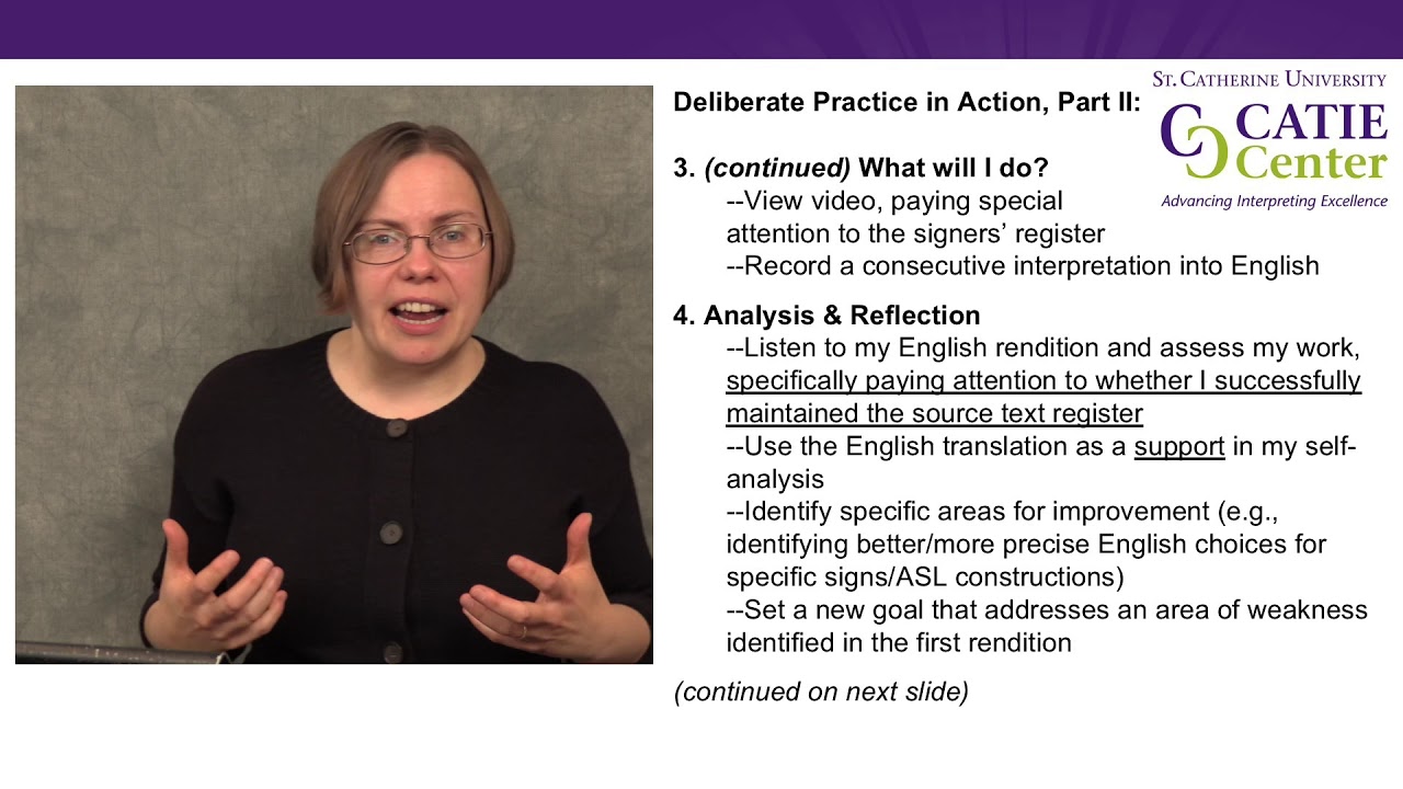 A white woman with brown hair and wire rimmed glasses is on the left side of the screen. Text from a power point slide about Deliberate practice is on the right half of the scren.