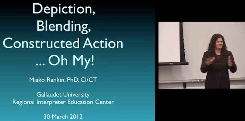 Screen shot of presentation slide on the left half of image and a white woman with brown hair standing on the right part of the image
