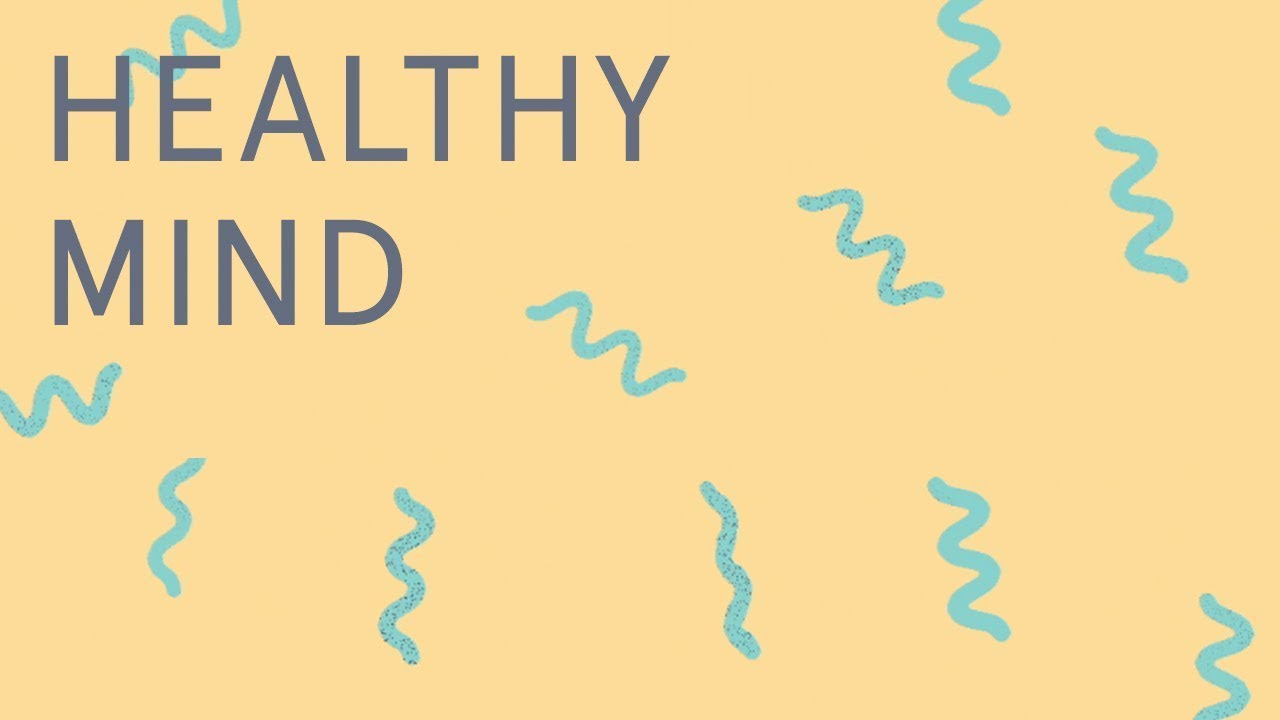 A light orange rectangle with the words "Healthy Mind" on it and blue wavy lines
