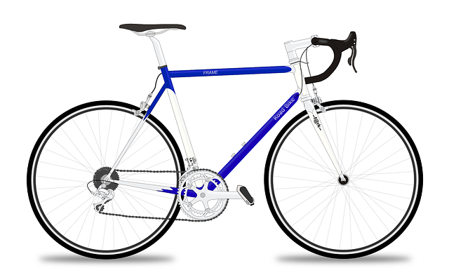 Road bike with blue and white frame and black handlebars