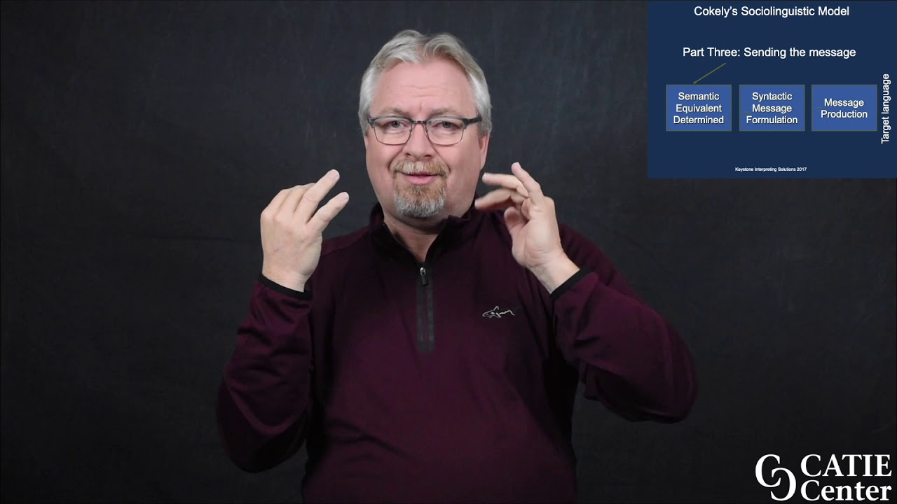Jimmy Beldon stands in front of a dark grey background. He is a white man with blond-grey hair parted in the middle wearing black glasses with a goatee. He is wearing a dark red quarter zip sweatshirt. In the upper right of the video window, a series of slides shows different aspects of the Cokely model. The CATIE Center logo is in the lower right of the video window.