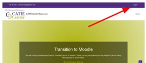 Red arrow pointing to log-in link on CATIE Center Moodle site